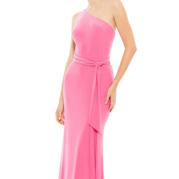 MAC DUGGAL 26581 STRETCH JERSEY ONE SHOULDER BELTED TRUMPET CANDY PINK GOWN sz 4 - Picture 1 of 8